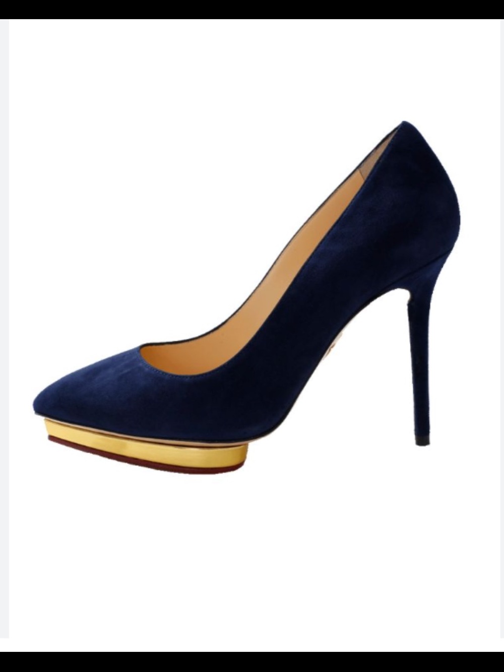 Charlotte Olympia Navy Suede Pointed Stiletto with Gold Platform Trim